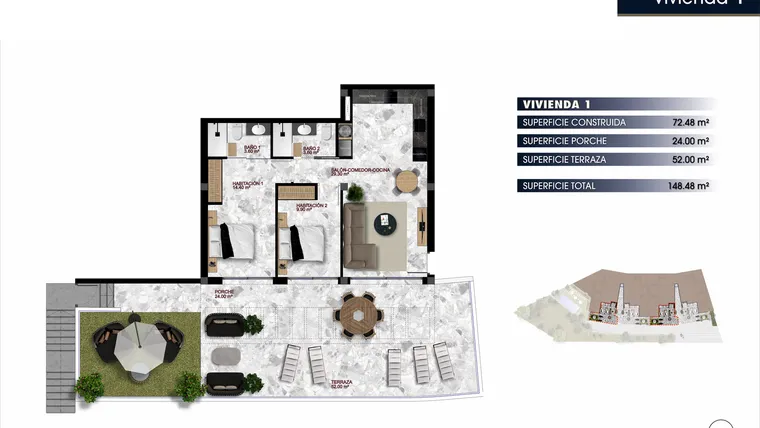 Rzut - Mieszkanie na sprzedaż 2 pokoje o powierzchni 148,48 m² - numer 1-1 w Apartamenty w Finestrat - 21218226
