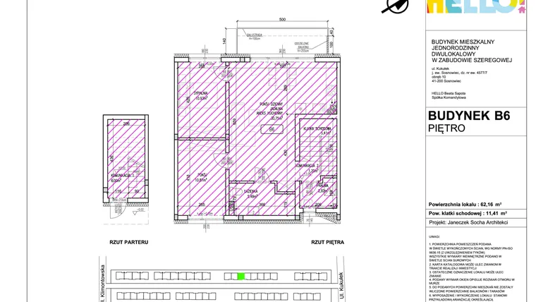 Rzut - Mieszkanie na sprzedaż 3 pokoje o powierzchni 62,16 m² - numer B6.2 w HELLO! KUKUŁKI bud. B
