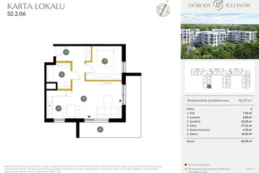 Rzut - Mieszkanie na sprzedaż 2 pokoje o powierzchni 46,39 m² - numer S2.2.06 w Ogrody Julianów