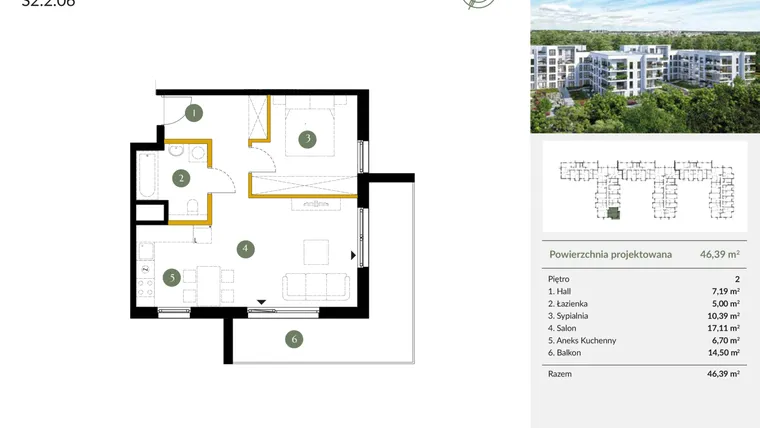 Rzut - Mieszkanie na sprzedaż 2 pokoje o powierzchni 46,39 m² - numer S2.2.06 w Ogrody Julianów