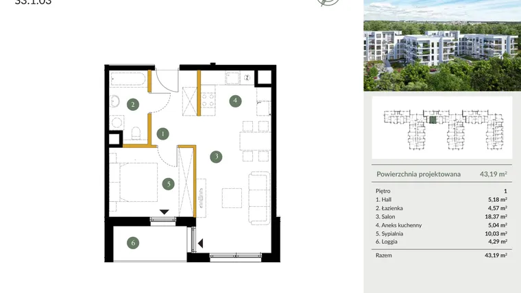 Rzut - Mieszkanie na sprzedaż 2 pokoje o powierzchni 43,19 m² - numer S3.1.03 w Ogrody Julianów