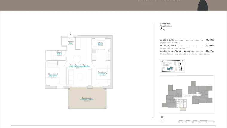 Rzut - Mieszkanie na sprzedaż 2 pokoje o powierzchni 55,68 m² - numer 3-3-C w Apartamenty w El Verger - 76383115