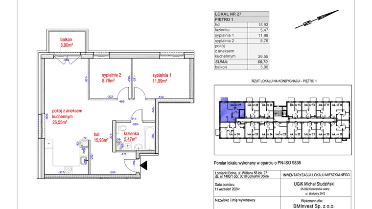 Rzut - Mieszkanie na sprzedaż 3 pokoje o powierzchni 68,7 m² - numer G.27 w Osiedle Natura Life budynki GHI