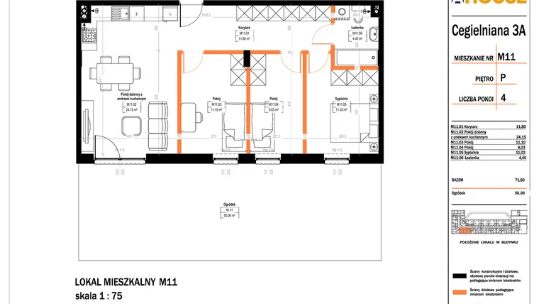 Rzut - Mieszkanie na sprzedaż 4 pokoje o powierzchni 71,5 m² - numer 11 w Osiedle StaLove etap II