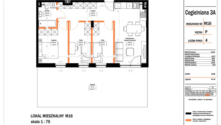 Rzut - Mieszkanie na sprzedaż 4 pokoje o powierzchni 62,68 m² - numer 16 w Osiedle StaLove etap II