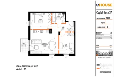Rzut - Mieszkanie na sprzedaż 3 pokoje o powierzchni 61,17 m² - numer 27 w Osiedle StaLove etap II