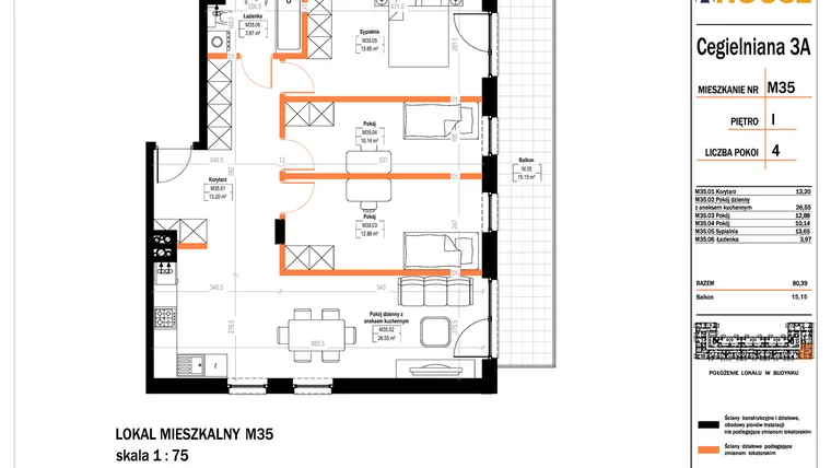 Rzut - Mieszkanie na sprzedaż 4 pokoje o powierzchni 80,39 m² - numer 35 w Osiedle StaLove etap II