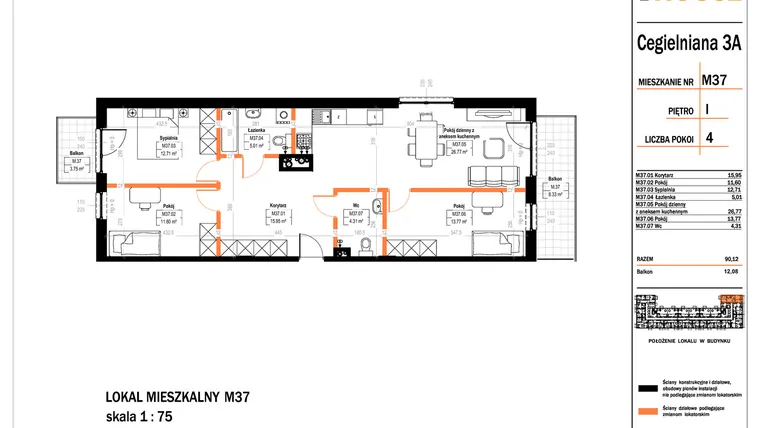 Rzut - Mieszkanie na sprzedaż 4 pokoje o powierzchni 90,12 m² - numer 37 w Osiedle StaLove etap II