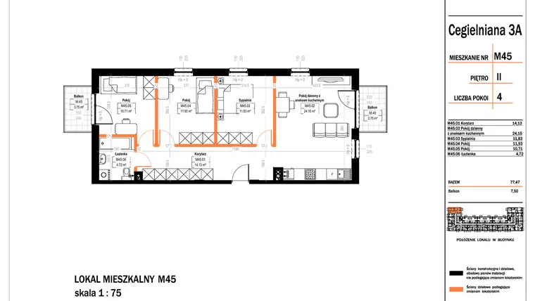 Rzut - Mieszkanie na sprzedaż 4 pokoje o powierzchni 77,47 m² - numer 45 w Osiedle StaLove etap II