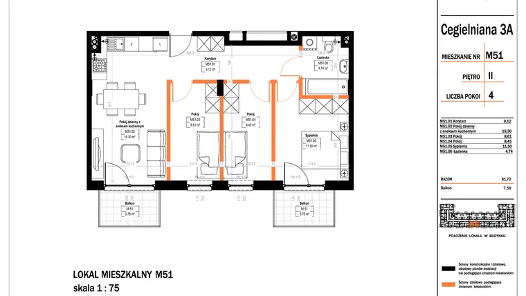 Rzut - Mieszkanie na sprzedaż 4 pokoje o powierzchni 61,72 m² - numer 51 w Osiedle StaLove etap II