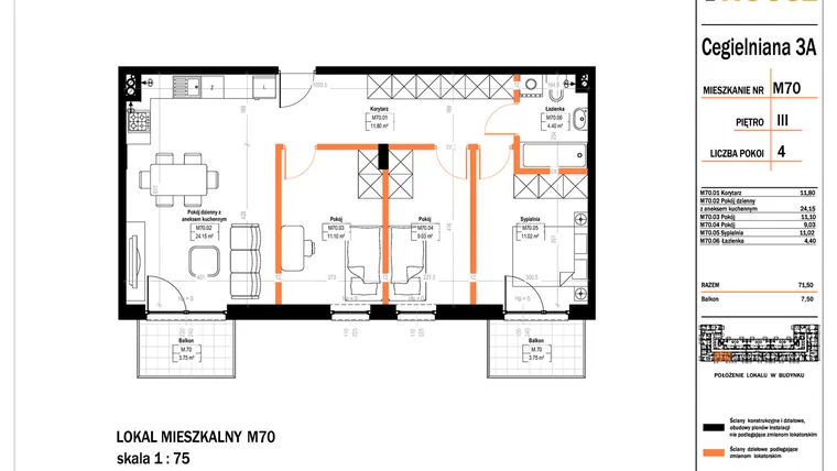 Rzut - Mieszkanie na sprzedaż 4 pokoje o powierzchni 71,5 m² - numer 70 w Osiedle StaLove etap II