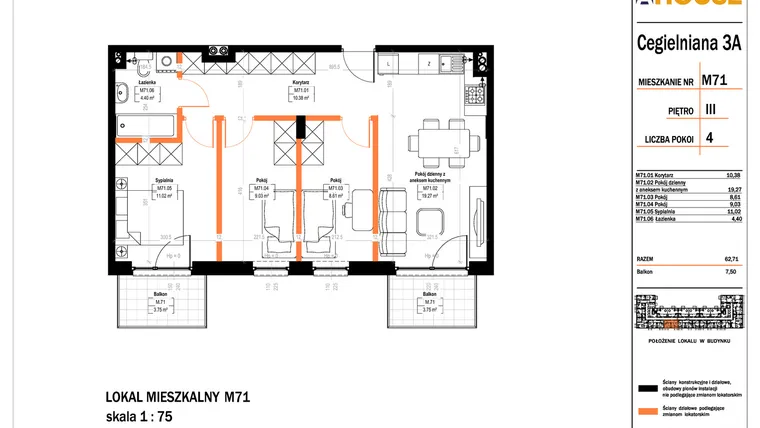 Rzut - Mieszkanie na sprzedaż 4 pokoje o powierzchni 62,71 m² - numer 71 w Osiedle StaLove etap II
