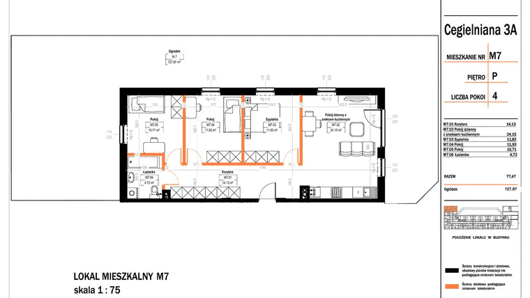 Rzut - Mieszkanie na sprzedaż 4 pokoje o powierzchni 77,47 m² - numer 7 w Osiedle StaLove etap II