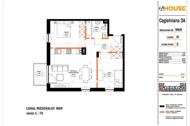 Rzut - Mieszkanie na sprzedaż 3 pokoje o powierzchni 61,17 m² - numer 69 w Osiedle StaLove etap II