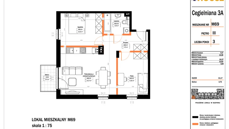 Rzut - Mieszkanie na sprzedaż 3 pokoje o powierzchni 61,17 m² - numer 69 w Osiedle StaLove etap II