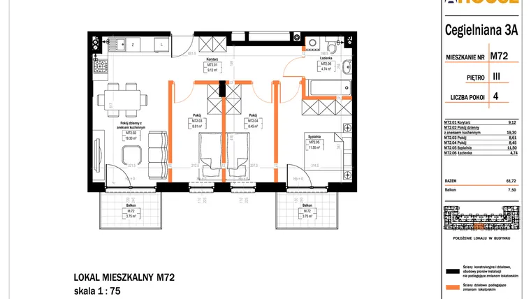 Rzut - Mieszkanie na sprzedaż 4 pokoje o powierzchni 61,72 m² - numer 72 w Osiedle StaLove etap II