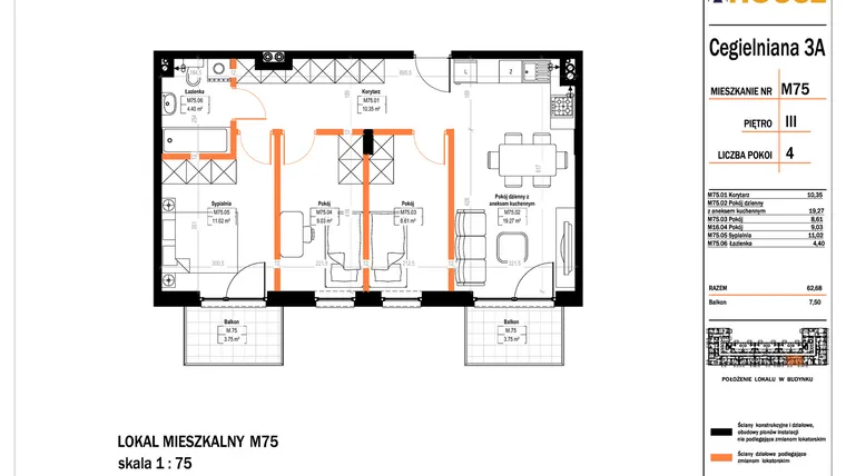 Rzut - Mieszkanie na sprzedaż 4 pokoje o powierzchni 62,68 m² - numer 75 w Osiedle StaLove etap II