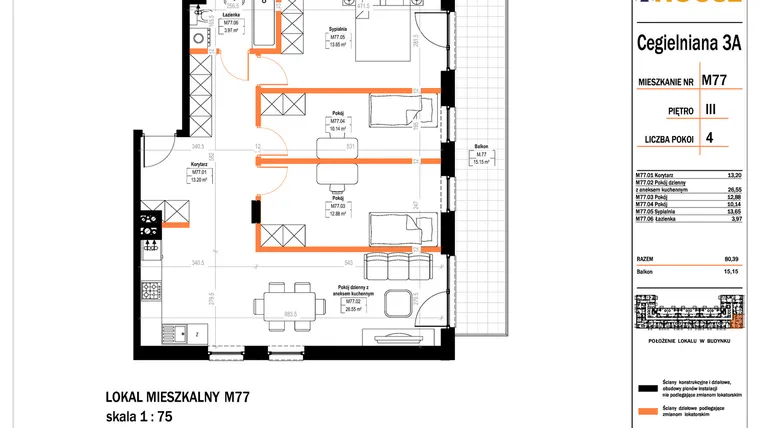 Rzut - Mieszkanie na sprzedaż 4 pokoje o powierzchni 80,39 m² - numer 77 w Osiedle StaLove etap II