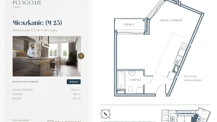 Rzut - Mieszkanie na sprzedaż 1 pokój o powierzchni 41,24 m² - numer 25 w Stare Podgórze