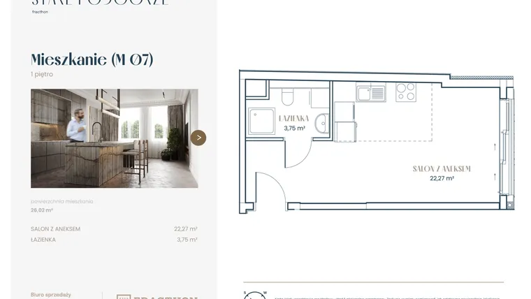 Rzut - Mieszkanie na sprzedaż 1 pokój o powierzchni 26,02 m² - numer M.7 w Stare Podgórze