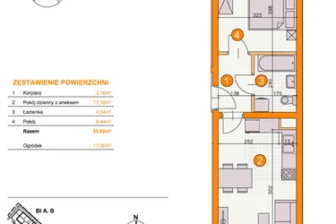 Rzut - Mieszkanie na sprzedaż 2 pokoje o powierzchni 33,82 m² - numer BI/C1 w Osiedle Bocianie Gniazdo 2