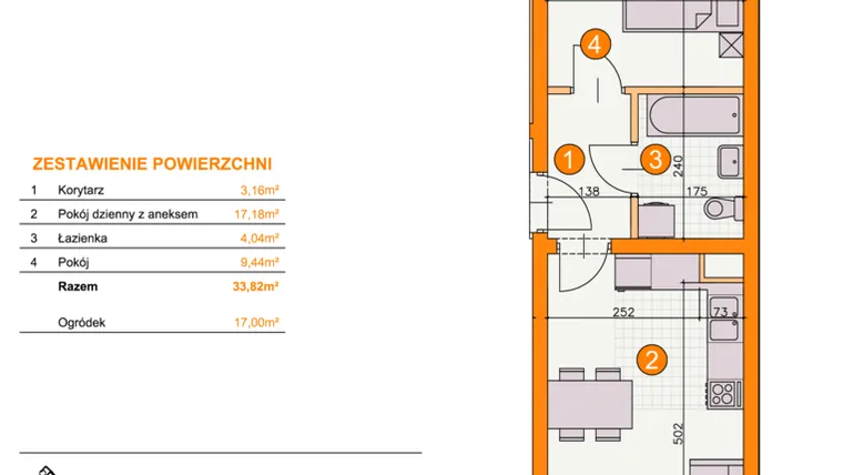 Rzut - Mieszkanie na sprzedaż 2 pokoje o powierzchni 33,82 m² - numer BI/C1 w Osiedle Bocianie Gniazdo 2