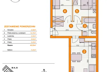 Rzut - Mieszkanie na sprzedaż 3 pokoje o powierzchni 45,33 m² - numer BI/C19 w Osiedle Bocianie Gniazdo 2