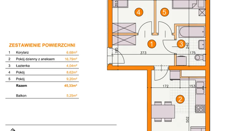 Rzut - Mieszkanie na sprzedaż 3 pokoje o powierzchni 45,33 m² - numer BI/C19 w Osiedle Bocianie Gniazdo 2