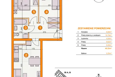 Rzut - Mieszkanie na sprzedaż 3 pokoje o powierzchni 45,33 m² - numer BI/D16 w Osiedle Bocianie Gniazdo 2