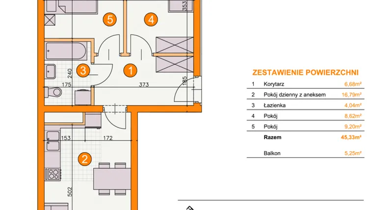 Rzut - Mieszkanie na sprzedaż 3 pokoje o powierzchni 45,33 m² - numer BI/D16 w Osiedle Bocianie Gniazdo 2