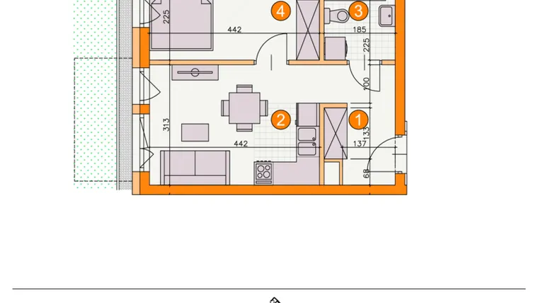 Rzut - Mieszkanie na sprzedaż 2 pokoje o powierzchni 32,3 m² - numer BII/A4 w Osiedle Bocianie Gniazdo 2