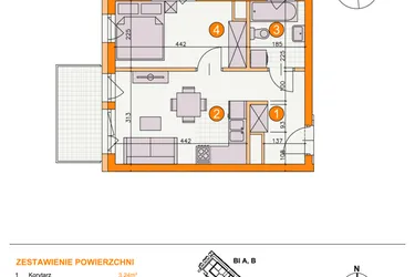 Rzut - Mieszkanie na sprzedaż 2 pokoje o powierzchni 32,01 m² - numer BII/A16 w Osiedle Bocianie Gniazdo 2