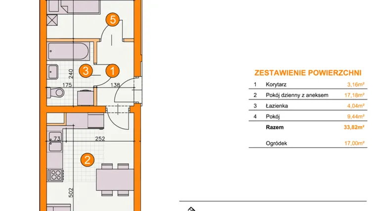Rzut - Mieszkanie na sprzedaż 2 pokoje o powierzchni 33,82 m² - numer BII/B6 w Osiedle Bocianie Gniazdo 2