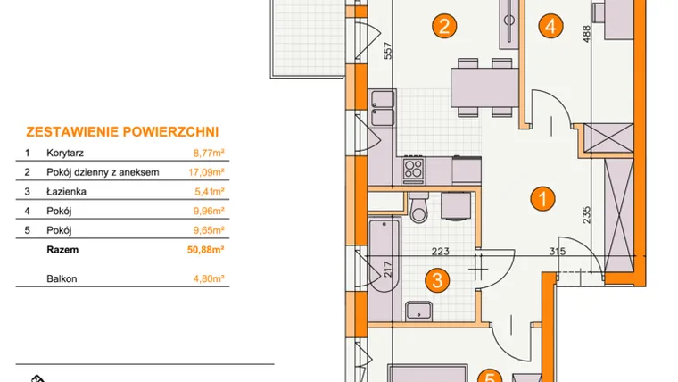 Rzut - Mieszkanie na sprzedaż 3 pokoje o powierzchni 50,88 m² - numer BII/B7 w Osiedle Bocianie Gniazdo 2