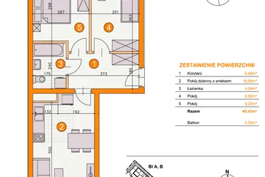 Rzut - Mieszkanie na sprzedaż 3 pokoje o powierzchni 45,43 m² - numer BII/B18 w Osiedle Bocianie Gniazdo 2