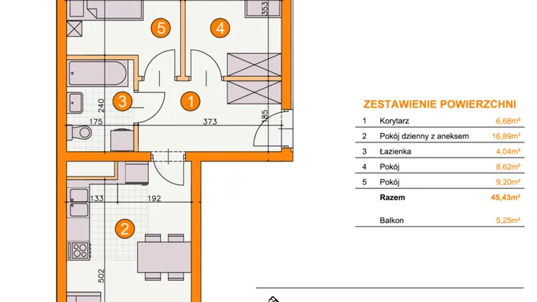 Rzut - Mieszkanie na sprzedaż 3 pokoje o powierzchni 45,43 m² - numer BII/B18 w Osiedle Bocianie Gniazdo 2
