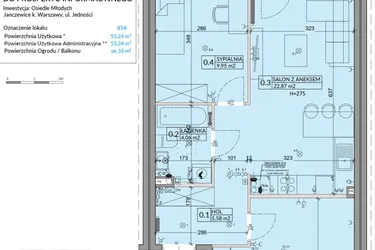 Rzut - Mieszkanie na sprzedaż 3 pokoje o powierzchni 55,24 m² - numer 85A w Osiedle Młodych etap VI