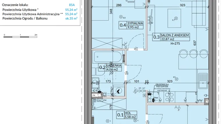 Rzut - Mieszkanie na sprzedaż 3 pokoje o powierzchni 55,24 m² - numer 85A w Osiedle Młodych etap VI