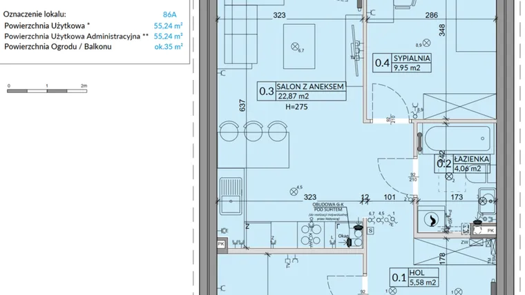 Rzut - Mieszkanie na sprzedaż 3 pokoje o powierzchni 55,24 m² - numer 86A w Osiedle Młodych etap VI