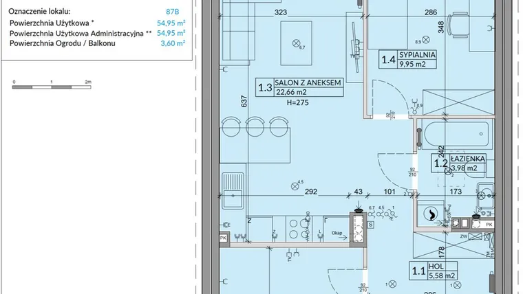 Rzut - Mieszkanie na sprzedaż 3 pokoje o powierzchni 54,95 m² - numer 87B w Osiedle Młodych etap VI