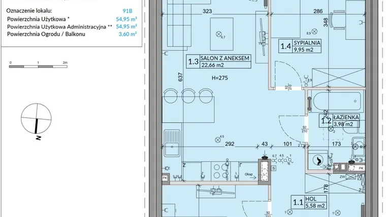 Rzut - Mieszkanie na sprzedaż 3 pokoje o powierzchni 54,95 m² - numer 91B w Osiedle Młodych etap VI
