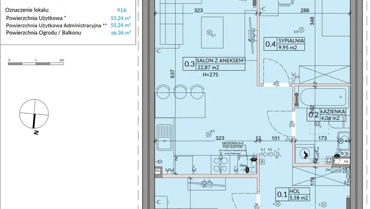 Rzut - Mieszkanie na sprzedaż 3 pokoje o powierzchni 55,24 m² - numer 91A w Osiedle Młodych etap VI