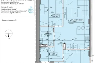 Rzut - Mieszkanie na sprzedaż 3 pokoje o powierzchni 54,95 m² - numer 94B w Osiedle Młodych etap VI