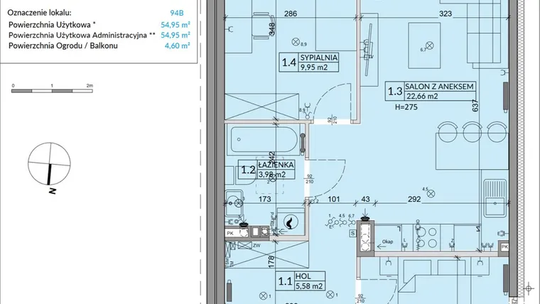 Rzut - Mieszkanie na sprzedaż 3 pokoje o powierzchni 54,95 m² - numer 94B w Osiedle Młodych etap VI