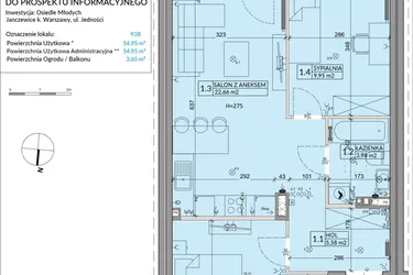 Rzut - Mieszkanie na sprzedaż 3 pokoje o powierzchni 54,95 m² - numer 93B w Osiedle Młodych etap VI