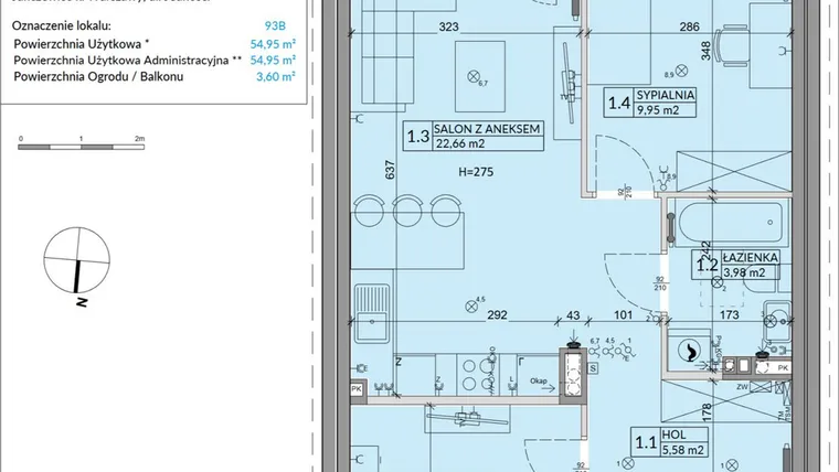 Rzut - Mieszkanie na sprzedaż 3 pokoje o powierzchni 54,95 m² - numer 93B w Osiedle Młodych etap VI