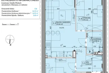 Rzut - Mieszkanie na sprzedaż 3 pokoje o powierzchni 54,95 m² - numer 72B w Osiedle Młodych etap VII