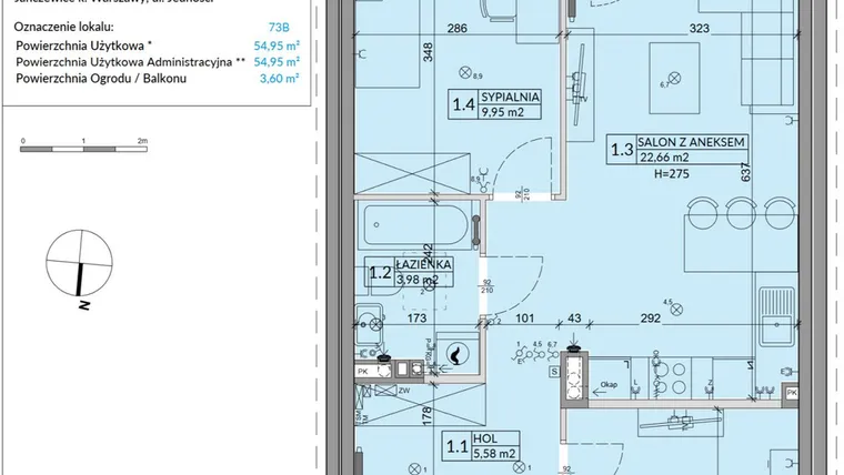 Rzut - Mieszkanie na sprzedaż 3 pokoje o powierzchni 54,95 m² - numer 73B w Osiedle Młodych etap VII