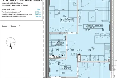 Rzut - Mieszkanie na sprzedaż 3 pokoje o powierzchni 54,95 m² - numer 75B w Osiedle Młodych etap VII