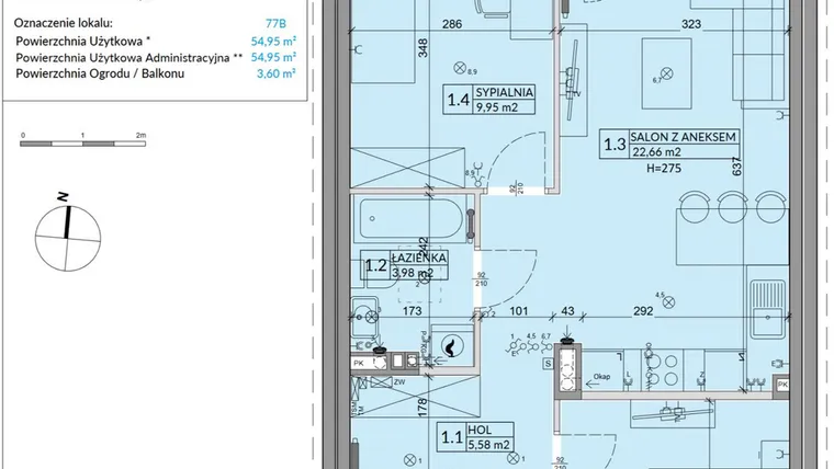 Rzut - Mieszkanie na sprzedaż 3 pokoje o powierzchni 54,95 m² - numer 77B w Osiedle Młodych etap VII